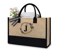 soulnioi Cotton Jute Tote Bag Reusable Shopping Bag, Personalized Flowers Letters Printed Bag for Women/Men, Reusable Canvas Beach Bag Present Bag for Daily/Travel/Grocery/Picnic- J