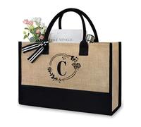 soulnioi Cotton Jute Tote Bag Reusable Shopping Bag, Personalized Flowers Letters Printed Bag for Women/Men, Reusable Canvas Beach Bag Present Bag for Daily/Travel/Grocery/Picnic- C