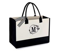 soulnioi Cotton Tote Bag Reusable Jute Shopping Bag, Personalized Floral Letters Printed Bag for Women/Men, Reusable Canvas Beach Bag for Daily/Travel/Grocery/Picnic (Letter M)
