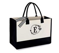 Soulnioi Cotton Tote Bag Reusable Jute Shopping Bag, Personalized Floral Letters Printed Bag for Women/Men, Reusable Canvas Beach Bag for Daily/Travel/Grocery/Picnic (Letter E)