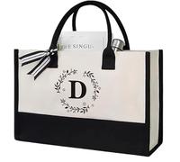Soulnioi Cotton Tote Bag Reusable Shopping Bag, Personalized Floral Letters Printed Bag for Women/Men, Reusable Canvas Beach Bag for Daily/Travel/Grocery/Picnic (D)