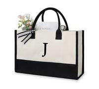 soulnioi Cotton Tote Bag Reusable Shopping Bag, Personalized Letters Printed Bag for Women/Men, Reusable Canvas Beach Bag for Daily/Travel/Grocery/Picnic- Letters J