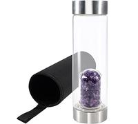 Soulnioi Crystal Glass Water Bottle Crystal, Drinking Flask Cylinder Glass Protective Cover with Crushed Stones Removable Portable Proof Leak Gemstone Bottle Creative Gift- Purple/550ML