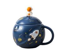 soulnioi Cute Ceramic Mug with Lid and Spoon Space Astronaut Cup Embossed Planet Mug, Coffee Mug or Coffee,Tea,Milk (Blue)
