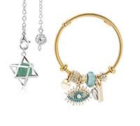 Soulnioi Devil's Eye Light Blue Crystal Pendant Gold Plated Bracelet, Green Aventurine Merkaba Pendulum Dowsing Tool for Reiki Ornaments Chakra Meditation