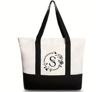 soulnioi Embroidery Initial Canvas Tote Bag, Personalized Floral Letters Printed Bag for Women/Men, Reusable Shoulder Bag Canvas Beach Bag for Daily/Travel/Grocery/Picnic (S)