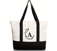 soulnioi Embroidery Initial Canvas Tote Bag, Personalized Floral Letters Printed Bag for Women/Men, Reusable Canvas Beach Bag for Daily/Travel/Grocery/Picnic (A)