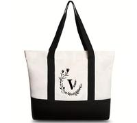 soulnioi Embroidery Initial Canvas Tote Bag, Personalized Floral Letters Printed Bag for Women/Men, Reusable Canvas Beach Bag for Daily/Travel/Grocery/Picnic (V)