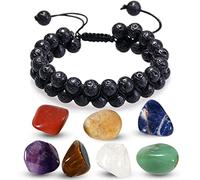 Soulnioi Healing Crystal 7 Chakra Tumbled Irregular Stones and Black Lava Stone Double Layer Row Braided Adjustable Bracelet 8mm Beads Bracelet for Yoga Oil Diffuser