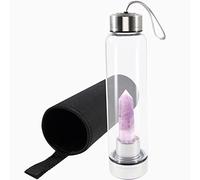 soulnioi Healing Crystal Glass Water Bottle Stainless Steel Water Bottle with Changeable Natural Crystal Point Center, with Black Protective Cup Cover, Energy Cup Gifts for Friends (Amethyst)