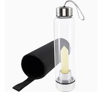 soulnioi Healing Crystal Glass Water Bottle Stainless Steel Water Bottle with Changeable Natural Crystal Point Center, with Black Protective Cup Cover, Energy Cup Gifts for Friends (Citrine)