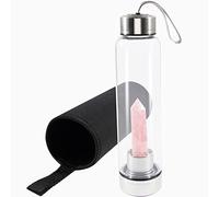 soulnioi Healing Crystal Glass Water Bottle Stainless Steel Water Bottle with Changeable Natural Crystal Point Center, with Black Protective Cup Cover, Energy Cup Gifts for Friends (Rose Quartz)