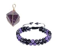 Soulnioi Healing Crystal Natural Amethyst Crystal Octahedral Copper Wire Pendant Electroplated Necklace and 1Pcs Amethyst with Agate Black Magnetite Double Layer Bracelet for Luck Gift
