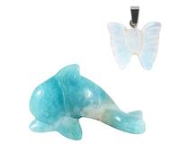 Soulnioi Healing Crystal Natural Crystal Set of Butterfly Pendant Necklace and Mini Dolphin Ornament for Reiki Luck Decoration Birthday Gift (Amazonite)