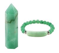 Soulnioi Healing Crystal Natural Green Aventurine Crystal Set Include 1Pcs Single Pointed Hexagonal Ornament and 1Pcs Pink Beads Elastic Rope Bracelet for Reiki Meditation Girls Gift