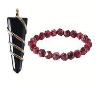 Soulnioi Healing Crystal Natural Obsidian Crystal Irregular Sword Shape Pendant and 1Pcs Crimson Crystal Irregular Stone Beads Bracelet for Yoga Reiki Meditation Love Luck Girls Gift