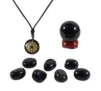 Soulnioi Healing Crystal Natural Obsidian Crystal Set of 1pcs Crystal Ball with Base 1pcs Carving Sun Star Moon Pendant Necklace and 7Pcs Raw Stone Pocket Stone for Reiki Lucky Gift