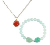 Soulnioi Healing Crystal Natural Red Agate Round Bead Gold Wire Pendant Gold Necklace and Green Aventurine Crystal Irregular Heart Beaded Bracelet for Luck Love Spiritual Beauty Gift