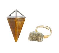Soulnioi Healing Crystal Natural Tiger Eye Crystal 1Pcs Hexagonal Pyramid Pendant and 1Pcs Feldspar Crystal Irregular Stone Adjustable Ring for Reiki Meditation DIY Jewellery Girls Gifts