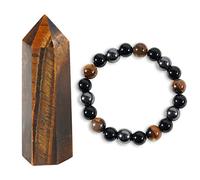 Soulnioi Healing Crystal Natural Tiger Eye Crystal Set Include 1Pcs Single Pointed Hexagonal Ornament and 1Pcs Hematite Obsidian 10mm Beads Bracelet for Reiki Meditation Girls Gift