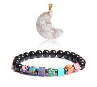 Soulnioi Healing Crystal Set-1Pcs Seven Chakra Square Beads Bracelet and 1Pcs White Crystal Moon Gemstone Pendant