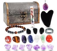 Soulnioi Healing Crystal Set: 7pcs Tumble Chakra Stones, 7pcs Amethyst Crystals, Obsidian Scraping Board, Hematite, Ring, Translucent Gypsum, Bracelet, Pendant, Gifts for Beginners Reiki Meditation