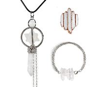 Soulnioi Healing Crystals Necklace Set, 1pc Melkaba White Crystal Necklace, 1pc White Crystal Bracelet, 1pc White Crystal Ring, for Spiritual Energy Healing