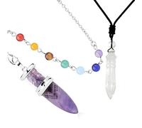 Soulnioi Healing Crystals Necklace Set, 1pc Natural Clear White Quartz Gemstone Necklace Black Wax String, 1pc 7 Charka Amethyst Spirit Pendulum, for Divination and Meditation