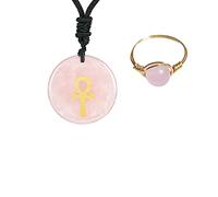Soulnioi Healing Pink Crystal Wire Wrapped Gemstone Rings, Round Crystal Engrave Ankh Cross Stone Pendant Adjustable Black Rope Necklace, Jewelry for Women Girls for Reiki Healing