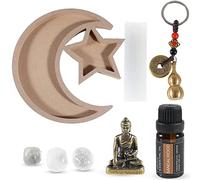 Soulnioi Holder Tray(Pentagram+Moon), Decorative Display Tray for Jewelry/Crystals, with Sandalwood Essential Oil, Mini Brass Buddha Ornament, White Crystal Polished Stones, 8cm Gypsum, Gourd Keychain