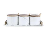 soulnioi Marble Ceramic Combination Seasoning Jar in 3,With Marble Tray with metal handle,Seasoning Jar With Spoon,Ceramic Spice Jar With Wood Lid Salt Container Sugar Bowl