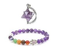 Soulnioi Merkaba Star Crystal Reiki Necklace Pendant Natural Gemstone Pendant and Healing Crystal 7 Chakra Grey Beaded Hamsa Hand Buddha Palm Beacelet Evil Eye Lucky Charm (Amethyst)