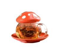 soulnioi Mushroom Mug, Glass Tea Cup with Infuser, Cute Milk Mug with Ceramic Lid and Coaster, 290ML Mushroom Tea Mug for Home, Office - Red