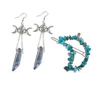 Soulnioi Natural Blue Crystal Crystal Gravel Moon Hairpin Clip and Natural Blue Crystal Hexagon Pillar Drop Earrings Triple Moon Earrings Healing Crystal, Jewelry Gift for Girl Women