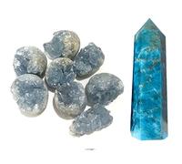 Soulnioi Natural Crystal Blue Geode Ornament and Natural Crystal Column Blue Apatite Single Pointed Hexagonal Pillar Ornament for Reiki Healing Crystal Meditation, Home Room Desk Decoration