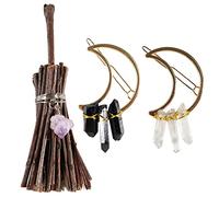Soulnioi Natural Crystal Golden Moon White Crystal and Obsidian Crystal Bobby Pins and Witch Mini Twig Broom with Amethyst Pendant