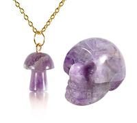 Soulnioi Natural Crystal Mini Mushroom Necklace Pendant Charm with Chain and Skull Ornament Healing Gemstone Carved Statue Reiki Figurine Decoration for Home Dector (Amethyst)
