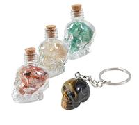 Soulnioi Natural Crystal Skull Keychain Pendant Tiger Eye Stone Skeleton Head Keyring Hanging Pendant, 3pcs Crystals Chips in Skull Galass Bottles (Citrine, Aventurine, Red Jasper), for Meditaion