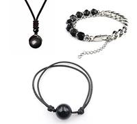 Soulnioi Natural Hraling Crystal Obsidian Pendant Necklace and Adjustable Bracelet for Protection, 1pcs Black Onyx Beads Silver Adjustable Bracelet
