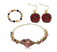 Soulnioi Natural Tourmaline Strawberry Crystal Bracelet for Prosperity, Money, and Good Luck - Vintage Pomegranate Gold Drop Earrings and Natural Tourmaline Beaded Stretch Ring Set