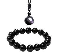 Soulnioi Obsidian Beaded 10mm Bracelet Natural Gemstone Protection Bracelet and Natural Crystal Rainbow Eye Obsidian Pendant for Protection