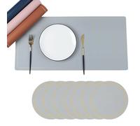 Soulnioi Placemats and Coasters Set of 6, PU Leather Table Mats Heat Resistant Washable Place Mats Not Rolled Plate Mats for Kitchen Dining Table Restaurant Home Decor - Grey
