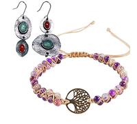 Soulnioi Red and Blue Two-Color Double-Layer Braided Winding Bracelet Agate Beads Tree of Life Bracelet, Boho Mint Chalcedony Faux Coral Earrings Asymmetric Vintage Thai Silver Earrings