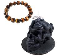 Soulnioi Scented Candle Snake Wind Skull Shape Black Candle Thyme Scent and Black Round Slate Coaster and Tiger Eye Crystal Beads Bracelet for Halloween Home Decoration Gift
