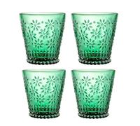 soulnioi Set of 4PC Green Coloured Water Glasses, Embossed Flower Drinking Glass for Tea Juice Beverages