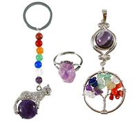Soulnioi Silver Wire Wrapped Natural Round Gemstone Amethyst 7 Chakra Tree of Life Pendant, Amethyst Seven Chakra Beads Cheetah Keychain and Amethyst Rough Ring, Jewellery Gifts for Women Girls