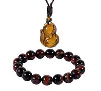 Soulnioi Tiger's Eye Jewelry Set: Fox Protection Crystal Amulet Stone Healing Lucky Pendant Necklace and Red Tiger's Eye Bead Bracelet, Gifts for Men/Women