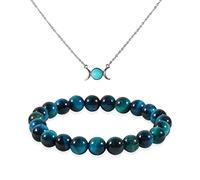 soulnioi Triple Moon Goddess Pendant Necklace Dainty Choker Chain Necklace Moon Stone Necklace for Women (Turquoise), Natural Crystal Stone Round 6-8mm Beaded Bracelet (Blue Tiger's Eye)