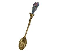 Soulnioi Vintage Carved Crystal Spoons Retro Decorative Coffee Stirring Spoons Dessert Spoons Ice Cream Spoon with Malachite Blue Flame Feather Head for Cafe Office Tableware -Brass