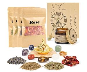 Soulnioi Wicca Witch Power Set with Sage Candles, 4 Magic Herbs and 7 Healing Crystals
